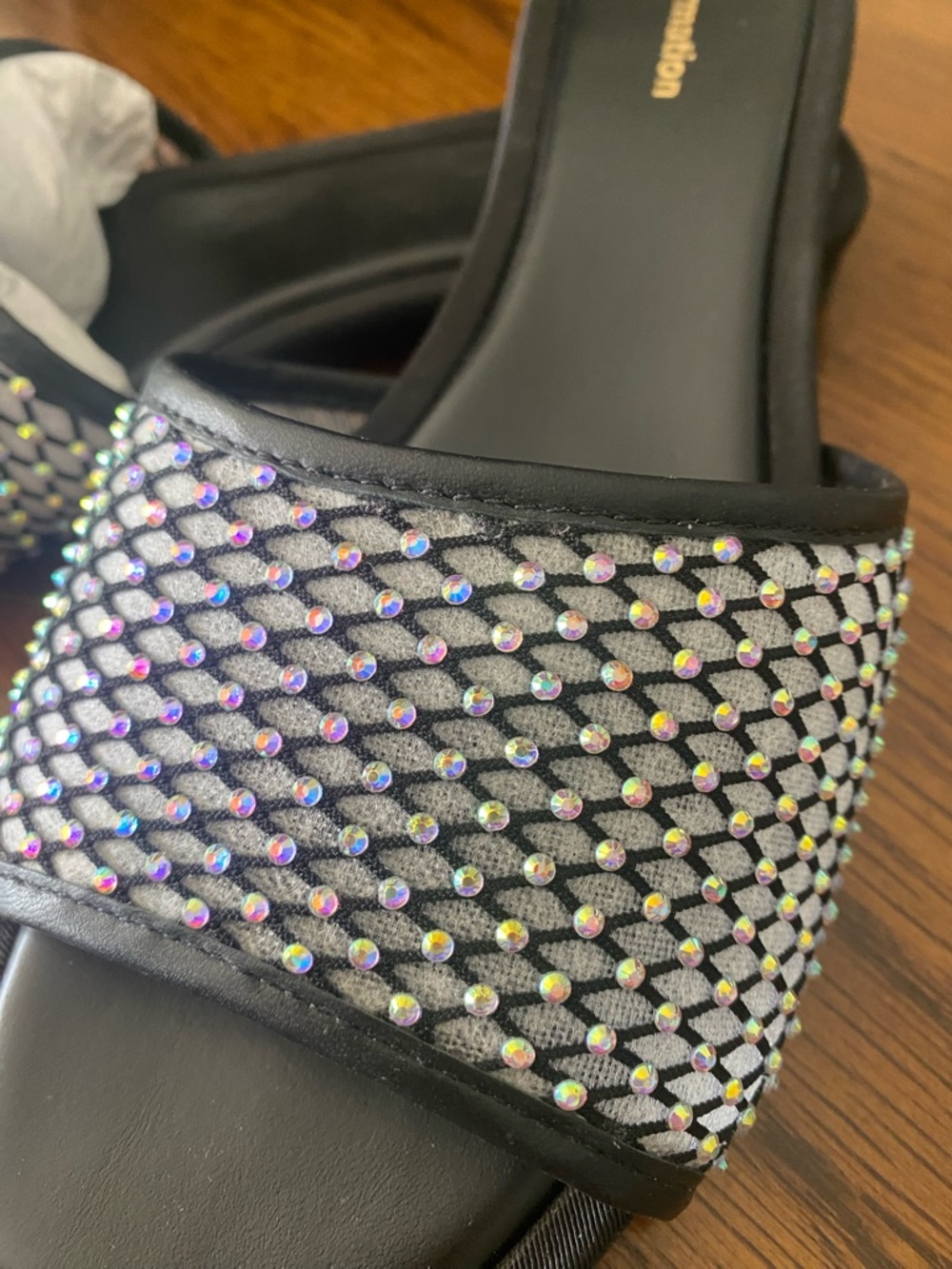 Reformation Rhinestone Mesh Slide Sandals Black Size 6 Sparkly - Picture 7 of 8